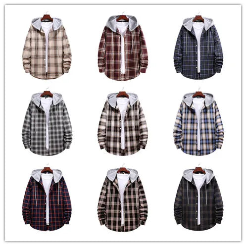 New 2026 Men's Plaid Hooded Shirts Loose Casual Men Jacket Shirt Comfortable Long Sleeve Sport Hooded Coats Men's Daily Clothing