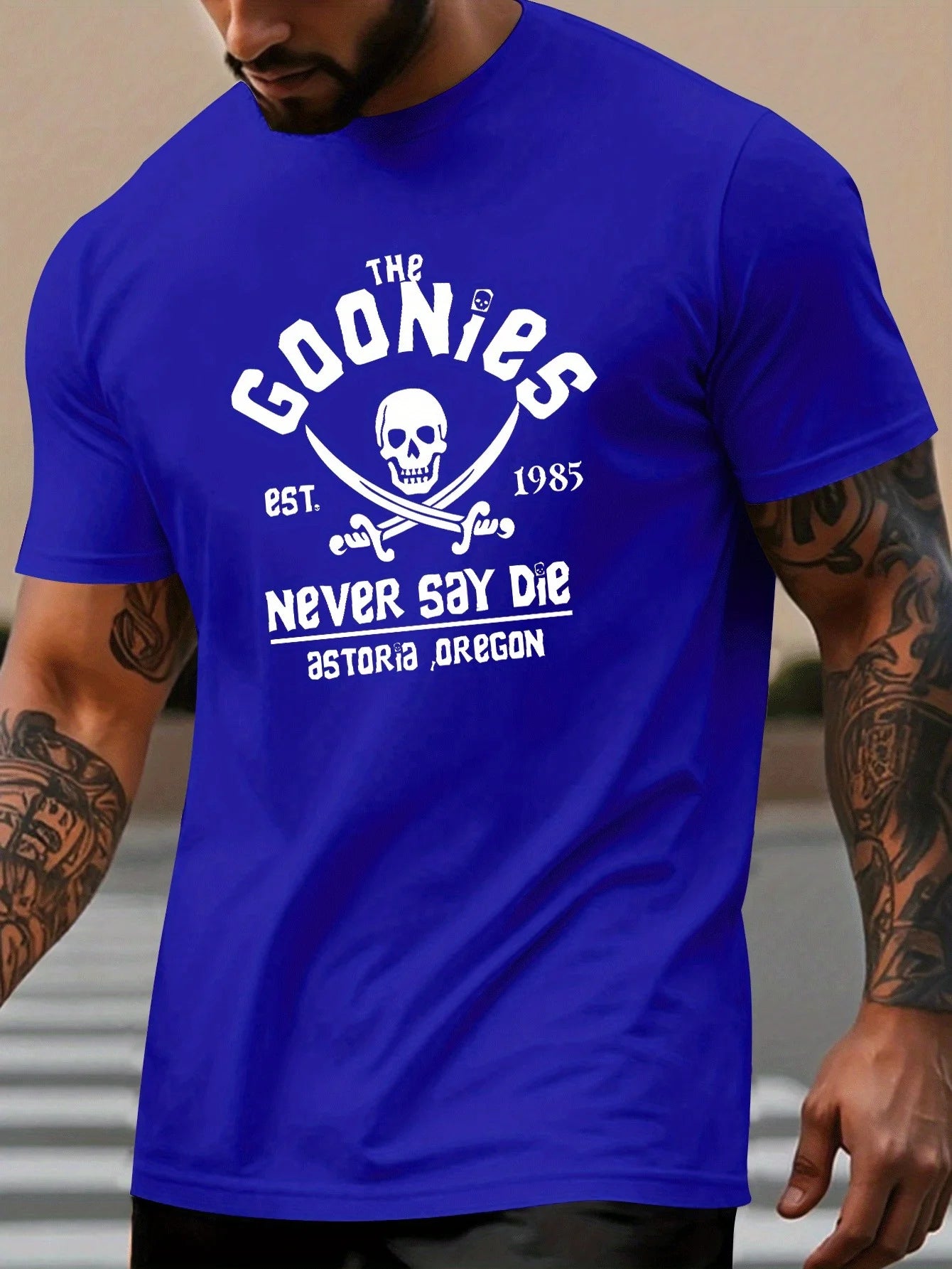 Men's summer 100% pure cotton fashionable casual loose goonies graphic printed round neck short sleeved T-shirt top