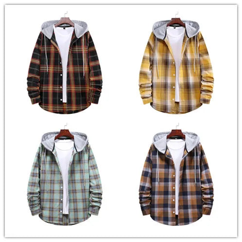 New 2026 Men's Plaid Hooded Shirts Loose Casual Men Jacket Shirt Comfortable Long Sleeve Sport Hooded Coats Men's Daily Clothing