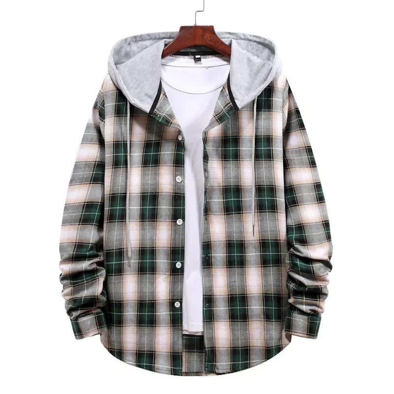 New 2026 Men's Plaid Hooded Shirts Loose Casual Men Jacket Shirt Comfortable Long Sleeve Sport Hooded Coats Men's Daily Clothing