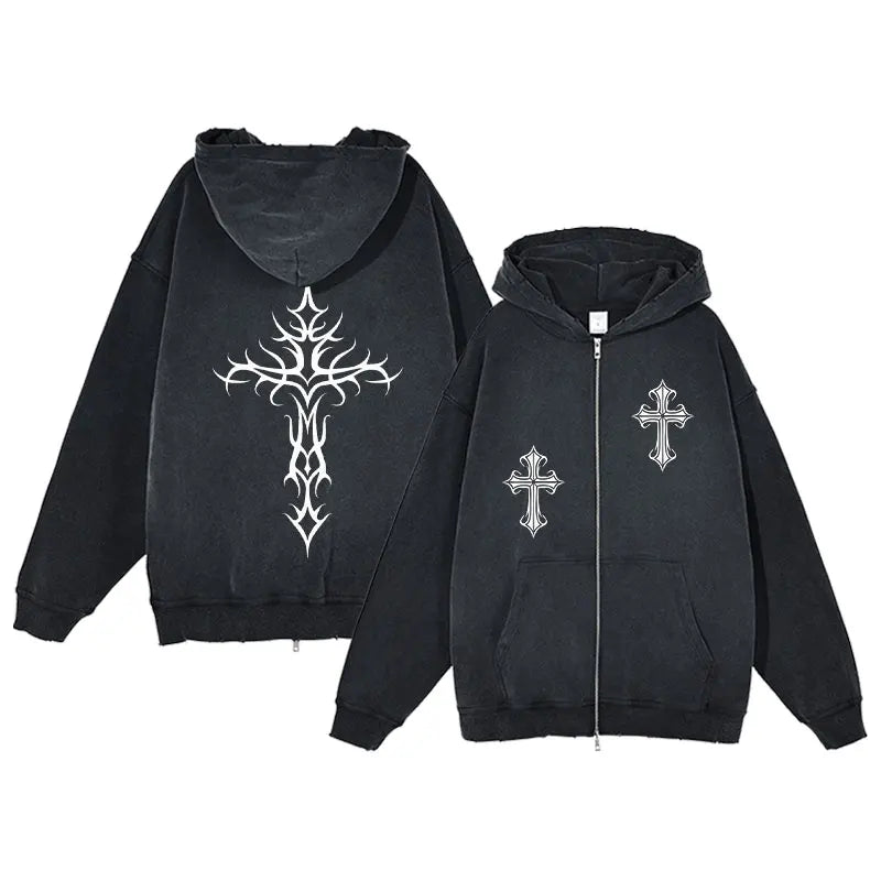 Y2K Zip Up Hoodie for Men Cross Print Loose Long Sleeve Pullover Women Retro Harajuku Sweatshirts Oversized Goth Hip Hop Jacket