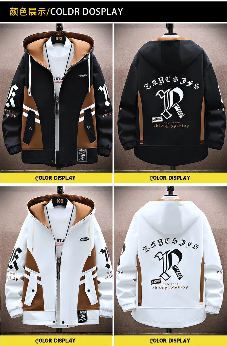 Men's Casual Hooded Jackets Autumn Patchwork Thin Coats Outwear Top Windbreaker Streetwear Clothing Plus Size