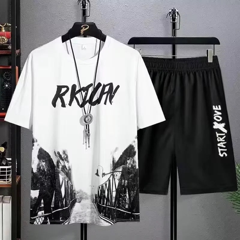 2024 Summer quick-drying Suit for Men Fashion Comfortable Short sleeved T-shirts+Shorts 2-piece Set Tracksuit gym clothing men