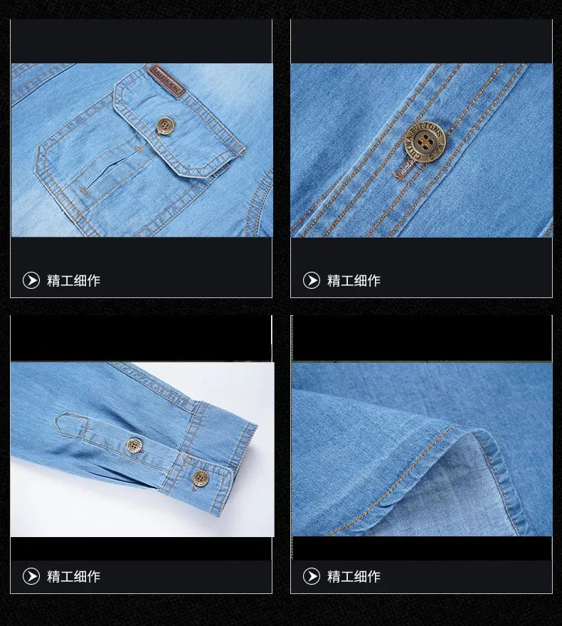 New Men's Outdoor Tooling Shirts Multi-pocket Design Men Long Sleeve Denim Shirt High Quality 100%Cotton Casual Shirt Coats Male
