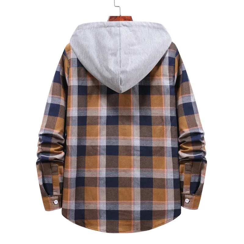 New 2026 Men's Plaid Hooded Shirts Loose Casual Men Jacket Shirt Comfortable Long Sleeve Sport Hooded Coats Men's Daily Clothing