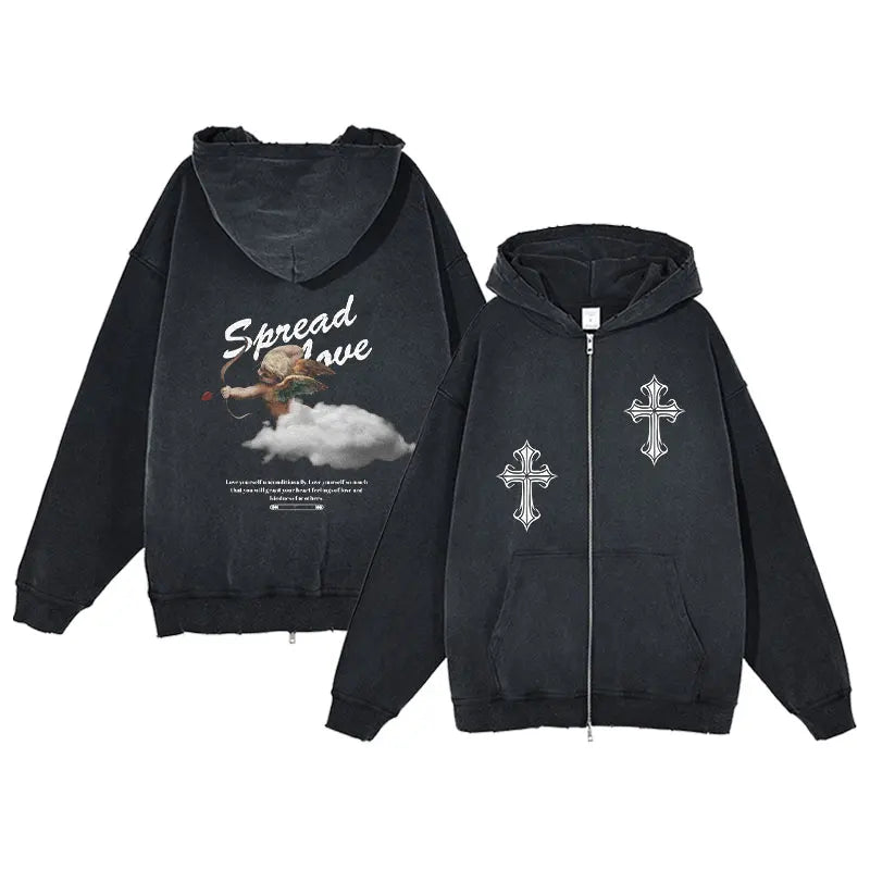 Y2K Zip Up Hoodie for Men Cross Print Loose Long Sleeve Pullover Women Retro Harajuku Sweatshirts Oversized Goth Hip Hop Jacket