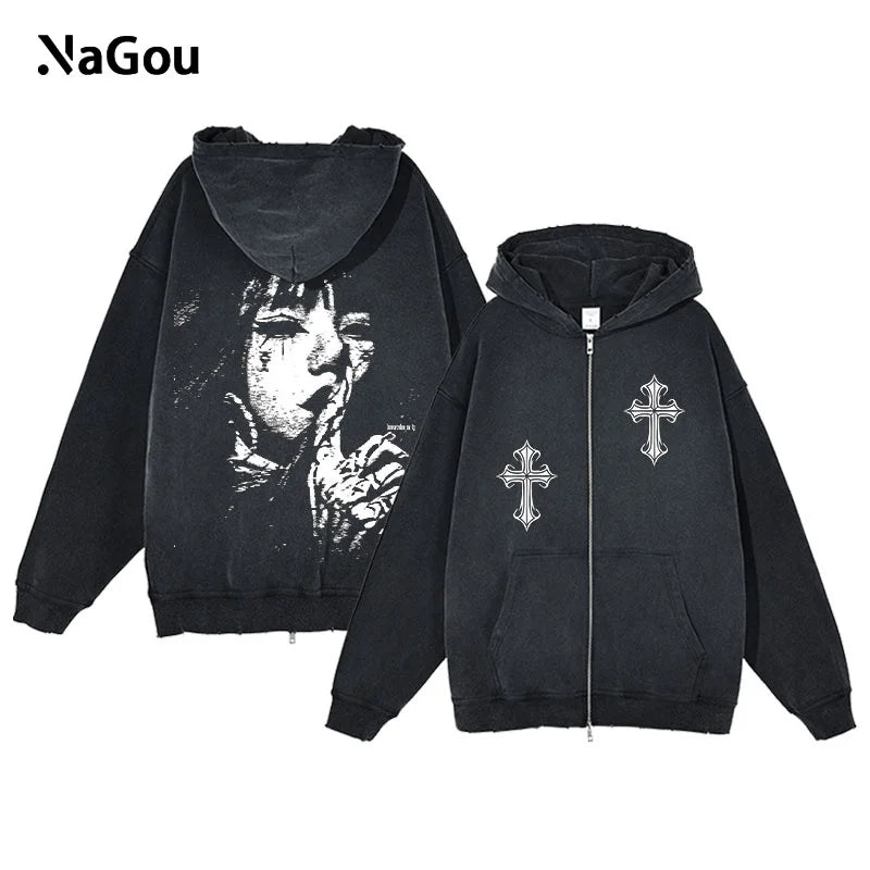 Y2K Zip Up Hoodie for Men Cross Print Loose Long Sleeve Pullover Women Retro Harajuku Sweatshirts Oversized Goth Hip Hop Jacket