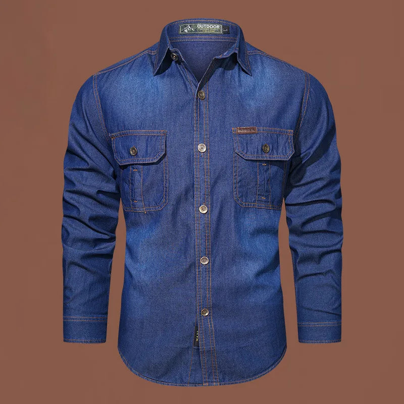 New Men's Outdoor Tooling Shirts Multi-pocket Design Men Long Sleeve Denim Shirt High Quality 100%Cotton Casual Shirt Coats Male