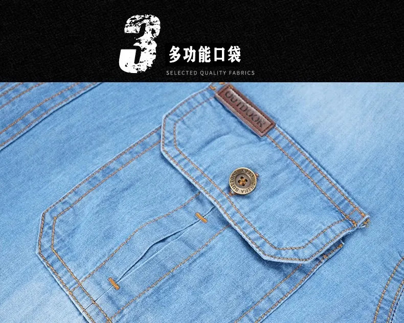 New Men's Outdoor Tooling Shirts Multi-pocket Design Men Long Sleeve Denim Shirt High Quality 100%Cotton Casual Shirt Coats Male