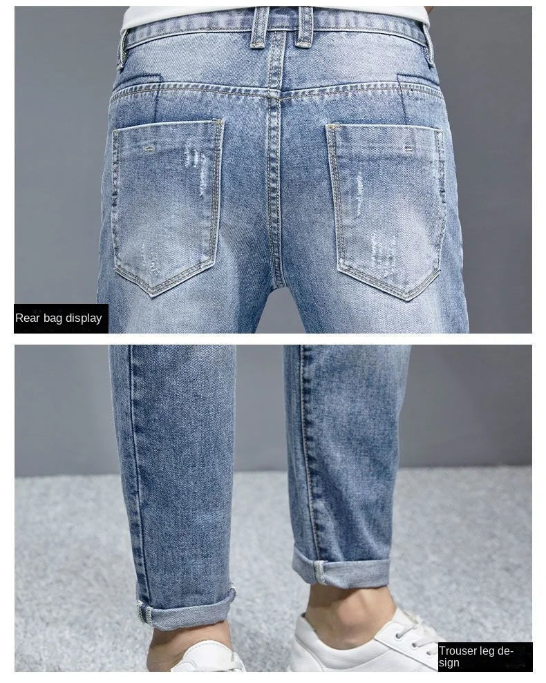 New Fashion Stylish Cowboy Men's Slim Casual Jeans with Ripped Distressed Holes Summer Streetwear Denim Broken Hole Pants Male