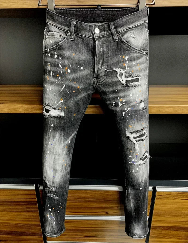 NEW Men Jeans HOLE Printed Coolguy Beggar Denim Long Pants Straight Pockets Hole Button blue jeans pant FOR husband