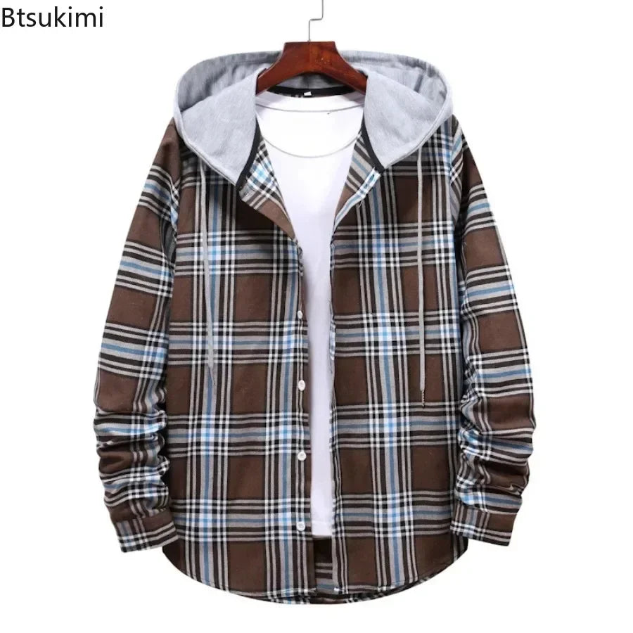 New 2026 Men's Plaid Hooded Shirts Loose Casual Men Jacket Shirt Comfortable Long Sleeve Sport Hooded Coats Men's Daily Clothing