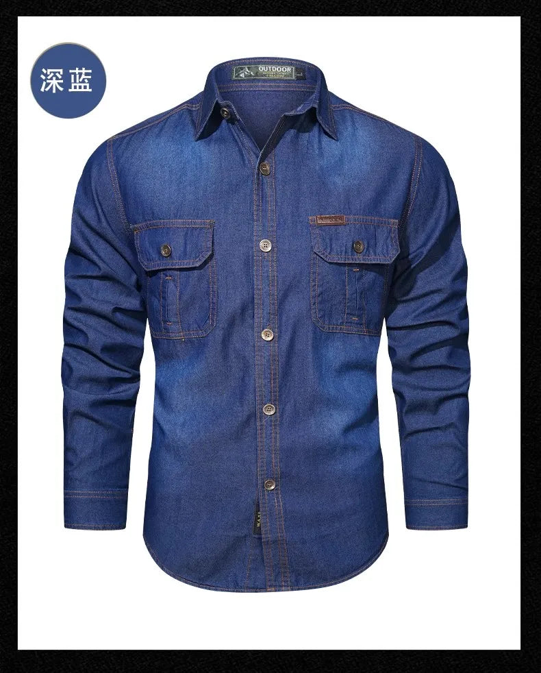 New Men's Outdoor Tooling Shirts Multi-pocket Design Men Long Sleeve Denim Shirt High Quality 100%Cotton Casual Shirt Coats Male