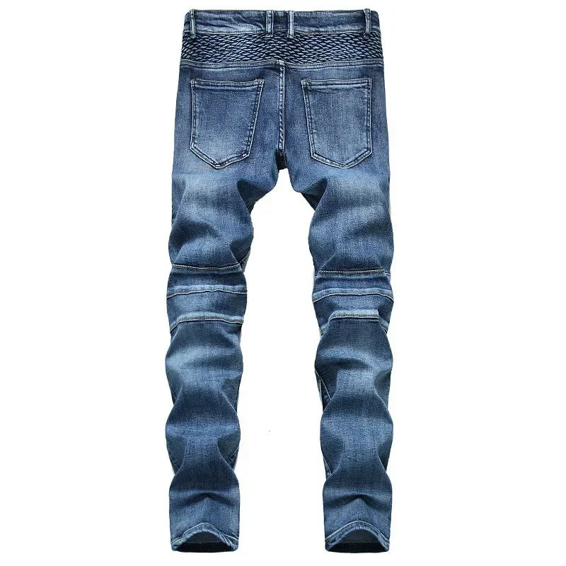 New Men's Patchwork Vintage Biker Jeans Hip Hop Slim Straight Elastic Cycling Denim Pants Male Fashion Streetwear Trouser
