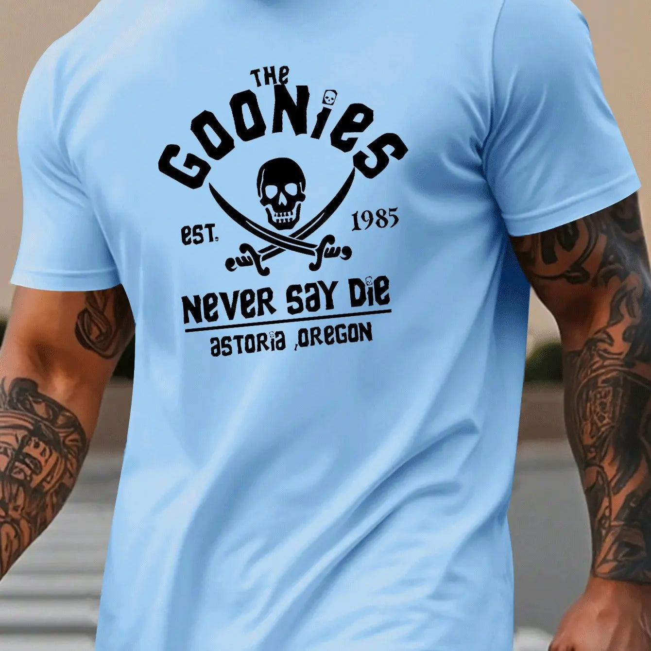 Men's summer 100% pure cotton fashionable casual loose goonies graphic printed round neck short sleeved T-shirt top