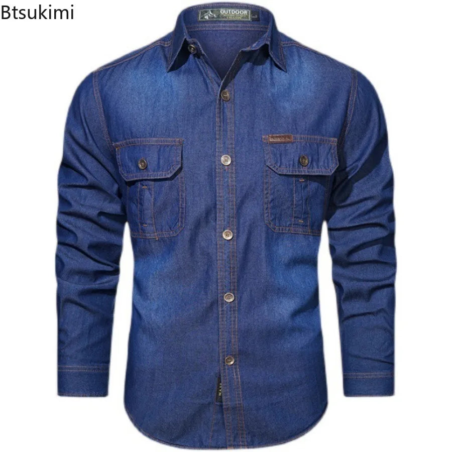 New Men's Outdoor Tooling Shirts Multi-pocket Design Men Long Sleeve Denim Shirt High Quality 100%Cotton Casual Shirt Coats Male