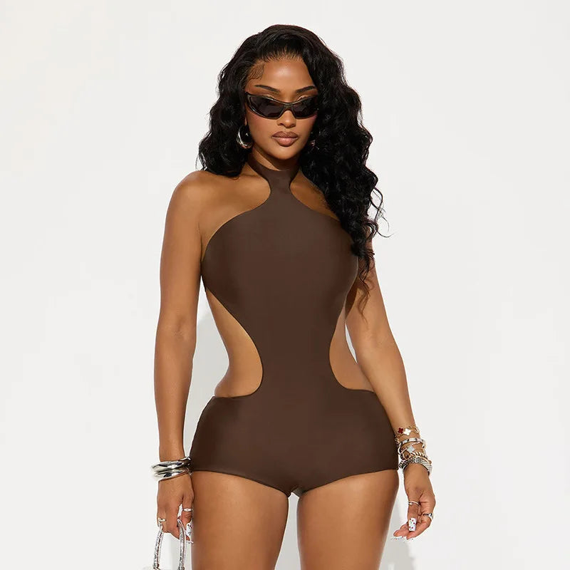Sleeveless Cutout Romper Women Brown Halter Neck Y2K Sexy Bodycon Short Jumpsuit 2026