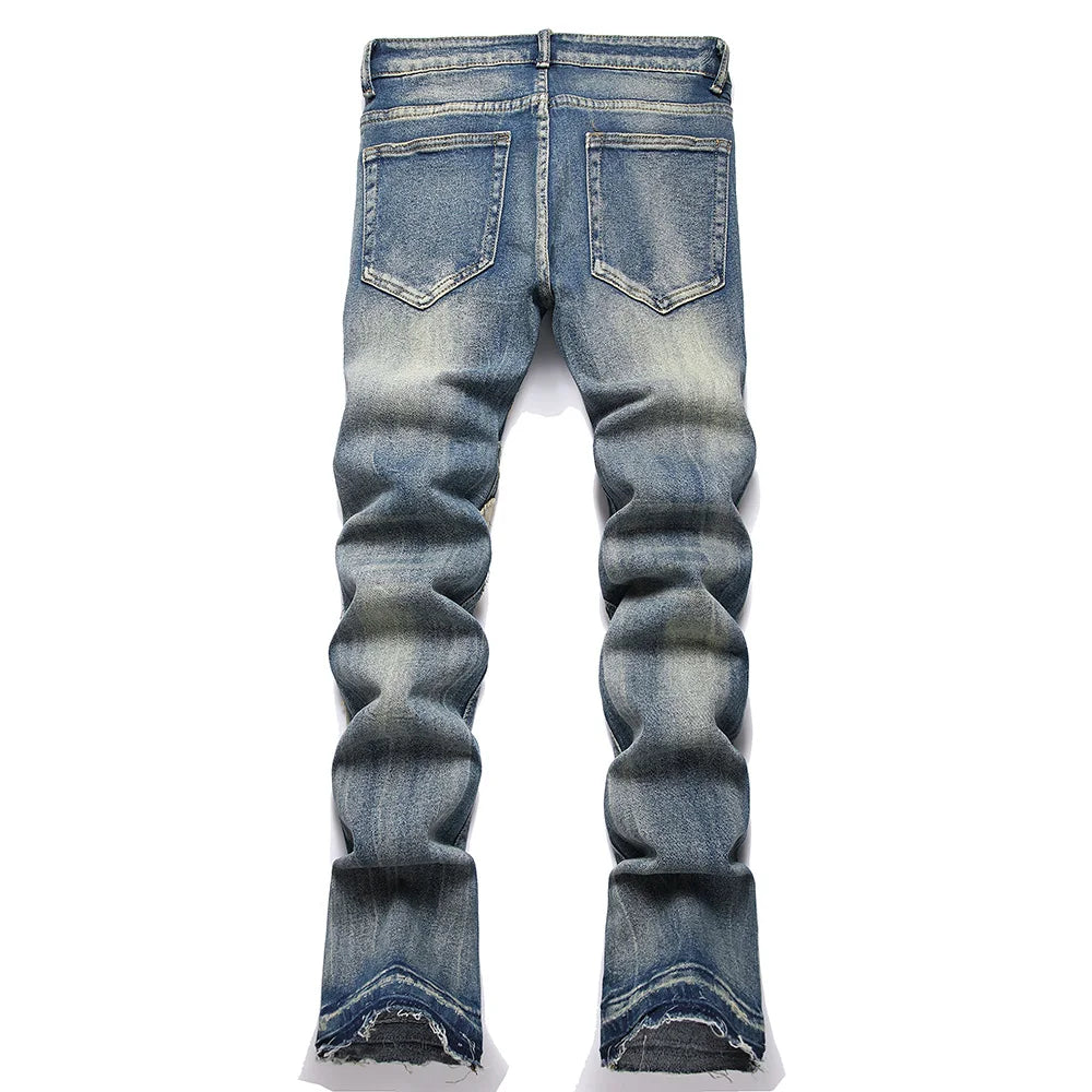 Men Letters Patch Embroidery Denim Jeans Streetwear Release Hem Distressed Pants Retro Vintage Blue Slim But Cut Flared Trousers