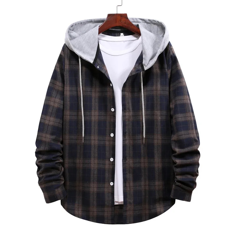 New 2026 Men's Plaid Hooded Shirts Loose Casual Men Jacket Shirt Comfortable Long Sleeve Sport Hooded Coats Men's Daily Clothing