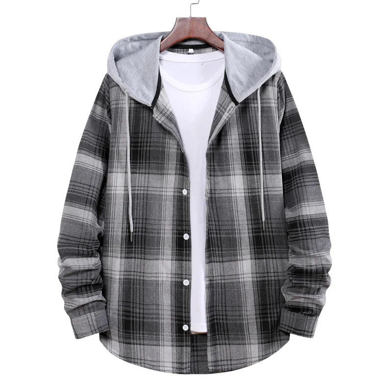 New 2026 Men's Plaid Hooded Shirts Loose Casual Men Jacket Shirt Comfortable Long Sleeve Sport Hooded Coats Men's Daily Clothing