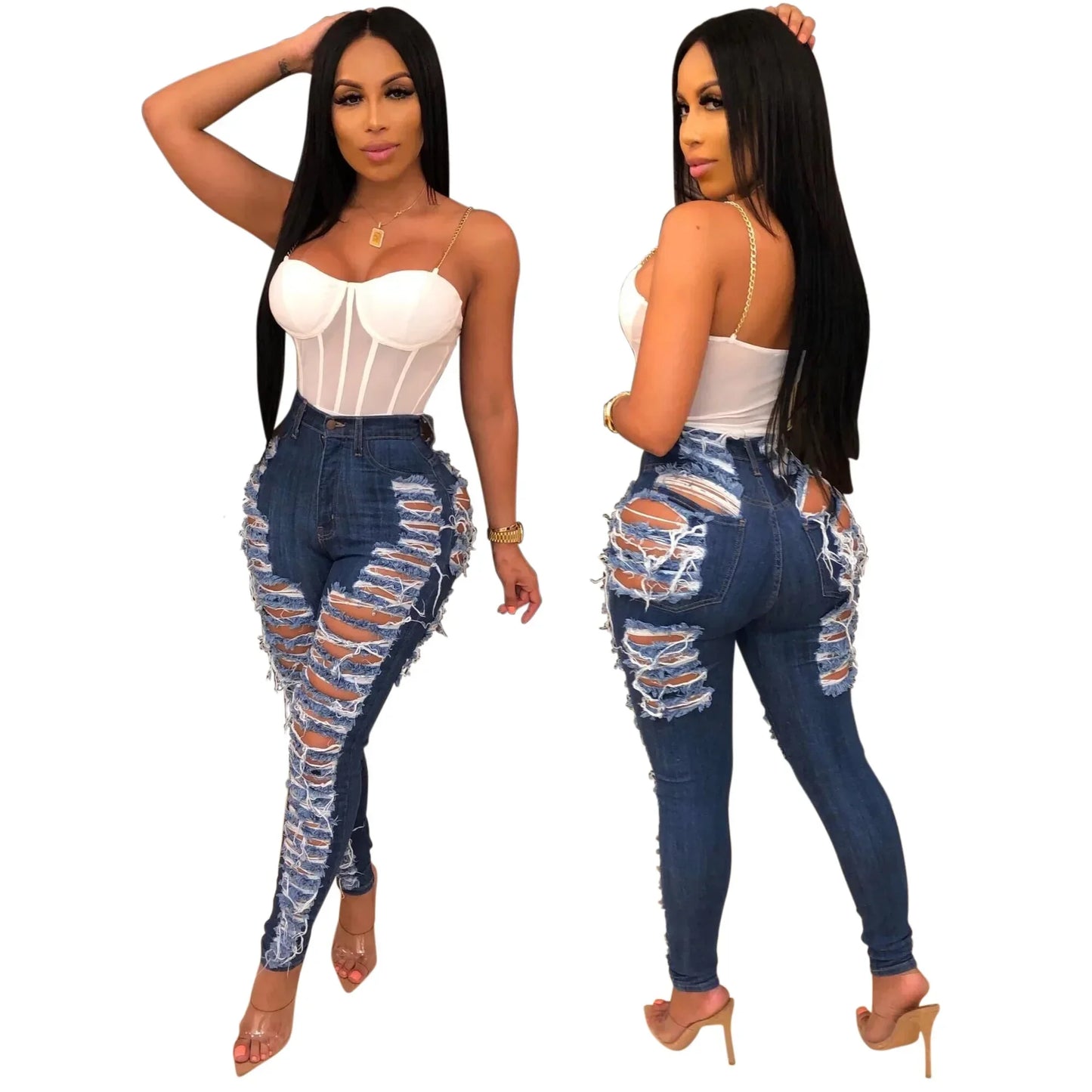 CM.YAYA Denim Pants Women Retro Solid Sexy Hole Hollow Out Jeans Ripped Flare Trousers Street Skinny High Waist Lady Pant