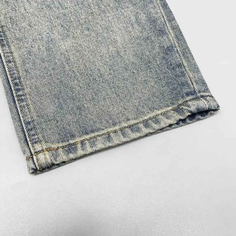 American Retro Street Style Personalized Printed Straight Leg Jeans for Men Loose Fitting Washed High Street Hip-hop Pants