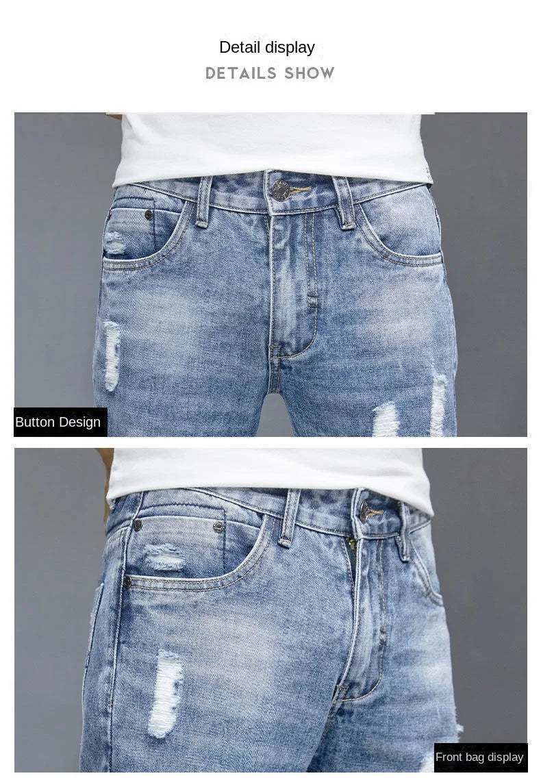New Fashion Stylish Cowboy Men's Slim Casual Jeans with Ripped Distressed Holes Summer Streetwear Denim Broken Hole Pants Male