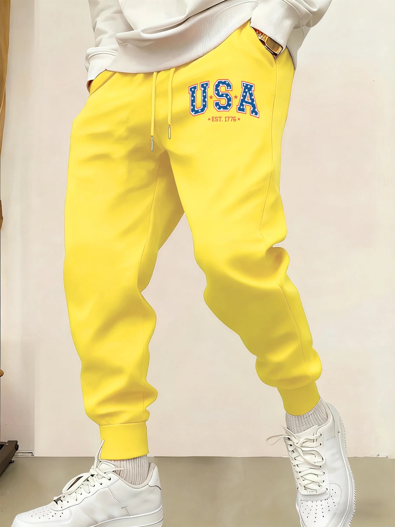 Creative Usa Est 1776 Letter Print Pocket Sweatpants Men Casual Autumn Sportpants Trendy Fleece Long Pants Comfy Warm Trousers
