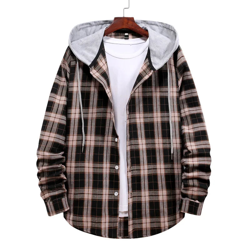 New 2026 Men's Plaid Hooded Shirts Loose Casual Men Jacket Shirt Comfortable Long Sleeve Sport Hooded Coats Men's Daily Clothing