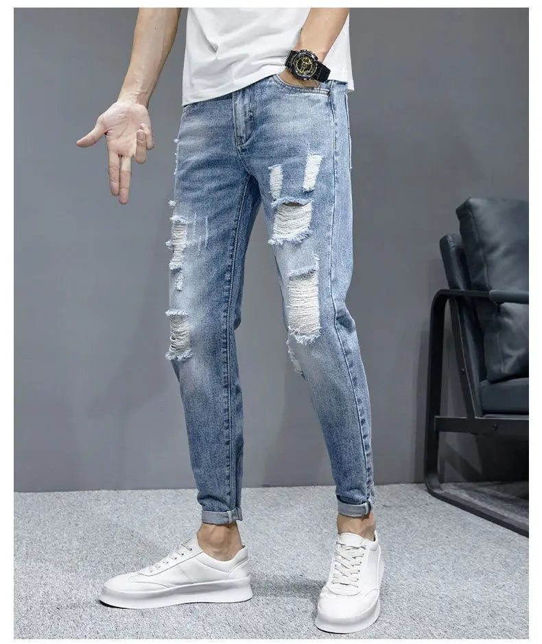 New Fashion Stylish Cowboy Men's Slim Casual Jeans with Ripped Distressed Holes Summer Streetwear Denim Broken Hole Pants Male
