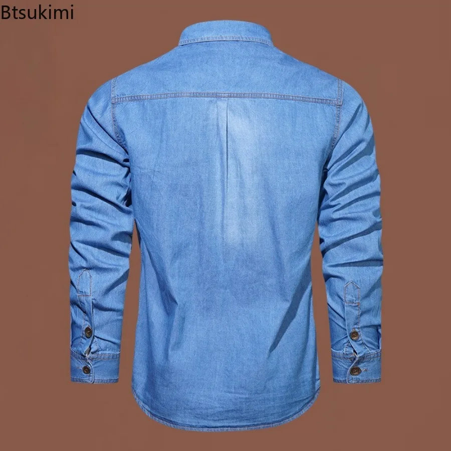 New Men's Outdoor Tooling Shirts Multi-pocket Design Men Long Sleeve Denim Shirt High Quality 100%Cotton Casual Shirt Coats Male
