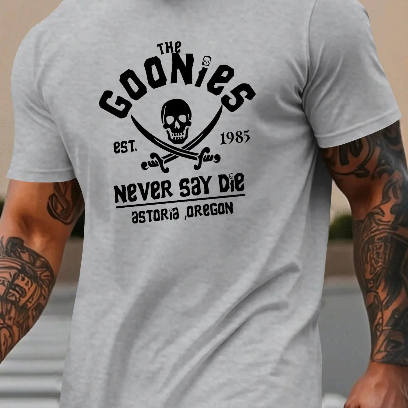 Men's summer 100% pure cotton fashionable casual loose goonies graphic printed round neck short sleeved T-shirt top