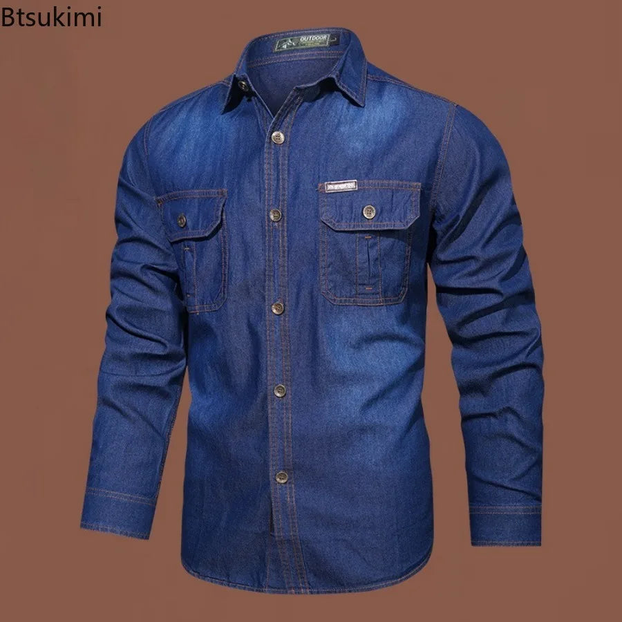 New Men's Outdoor Tooling Shirts Multi-pocket Design Men Long Sleeve Denim Shirt High Quality 100%Cotton Casual Shirt Coats Male