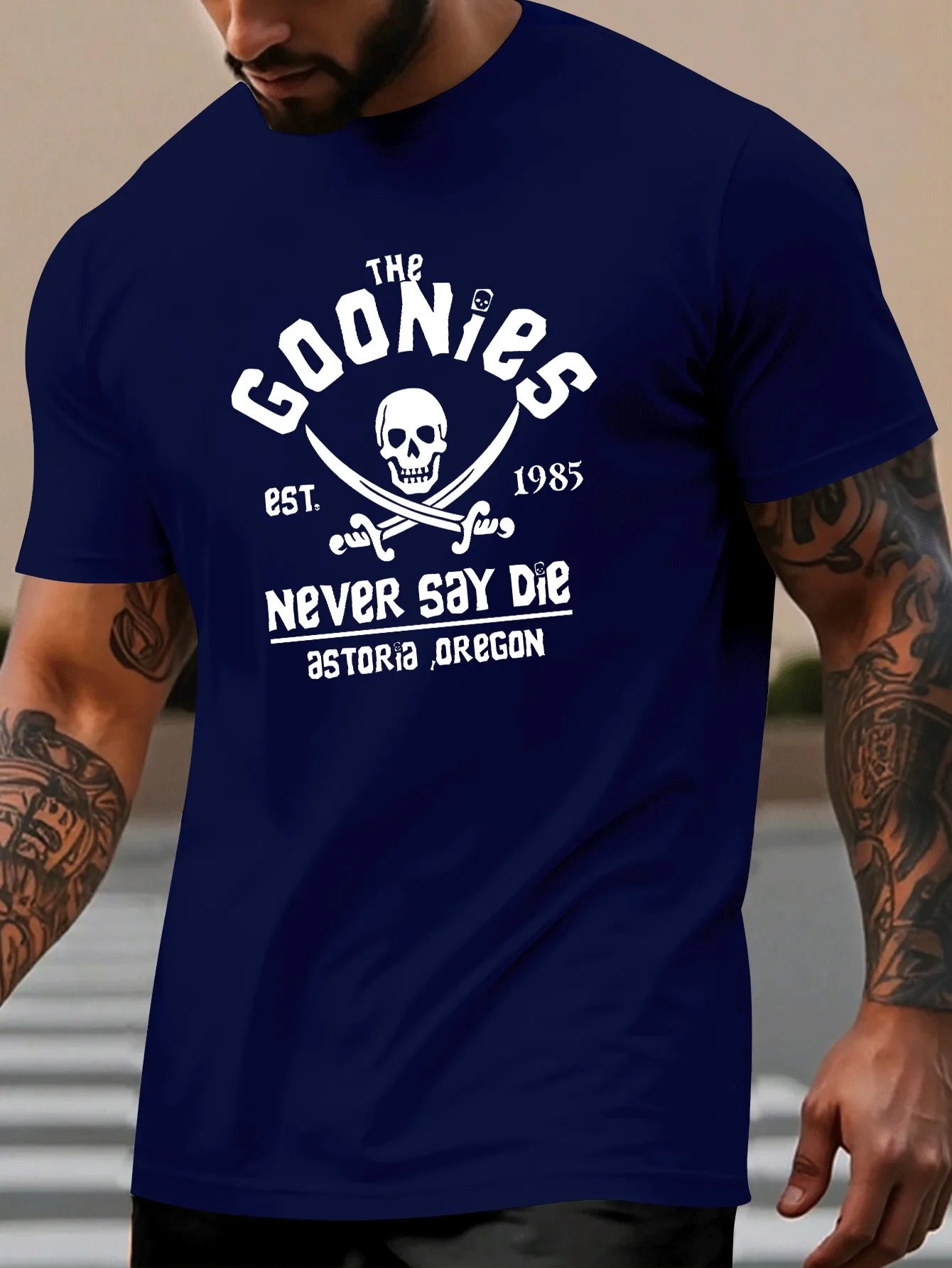 Men's summer 100% pure cotton fashionable casual loose goonies graphic printed round neck short sleeved T-shirt top