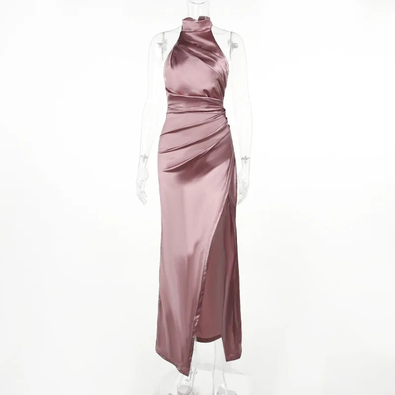 Women Dress Elegant Long Dresses Party Night Dress Women Dresses Woman Female Stand Collar Hanging Neck Sexy Slim Fit Slit