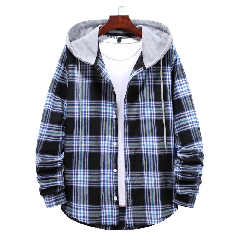 New 2026 Men's Plaid Hooded Shirts Loose Casual Men Jacket Shirt Comfortable Long Sleeve Sport Hooded Coats Men's Daily Clothing