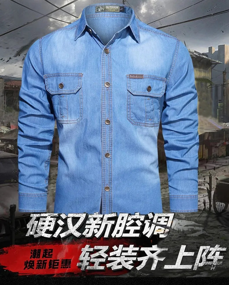 New Men's Outdoor Tooling Shirts Multi-pocket Design Men Long Sleeve Denim Shirt High Quality 100%Cotton Casual Shirt Coats Male