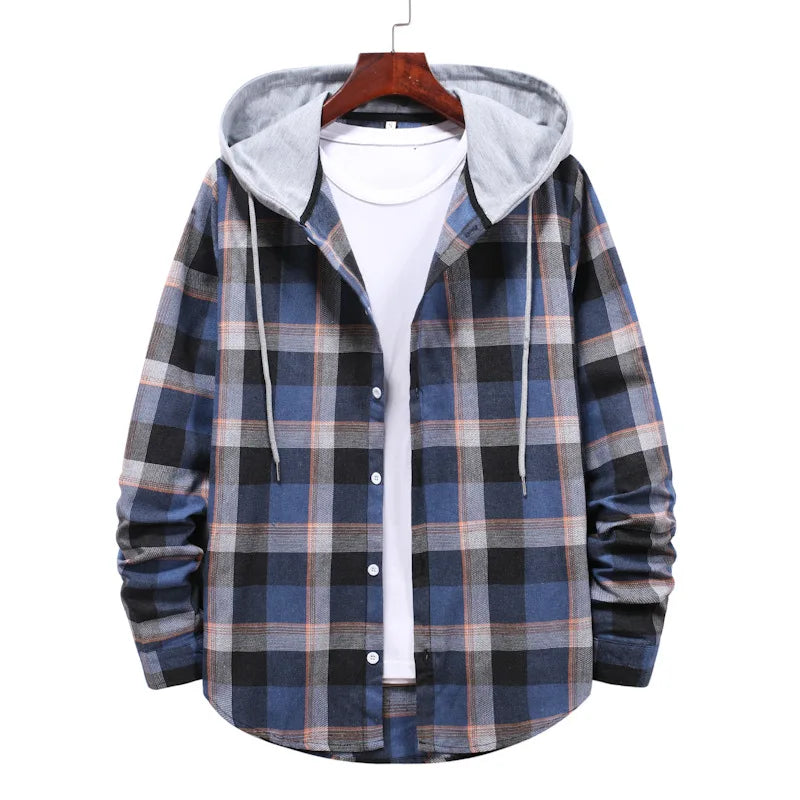 New 2026 Men's Plaid Hooded Shirts Loose Casual Men Jacket Shirt Comfortable Long Sleeve Sport Hooded Coats Men's Daily Clothing