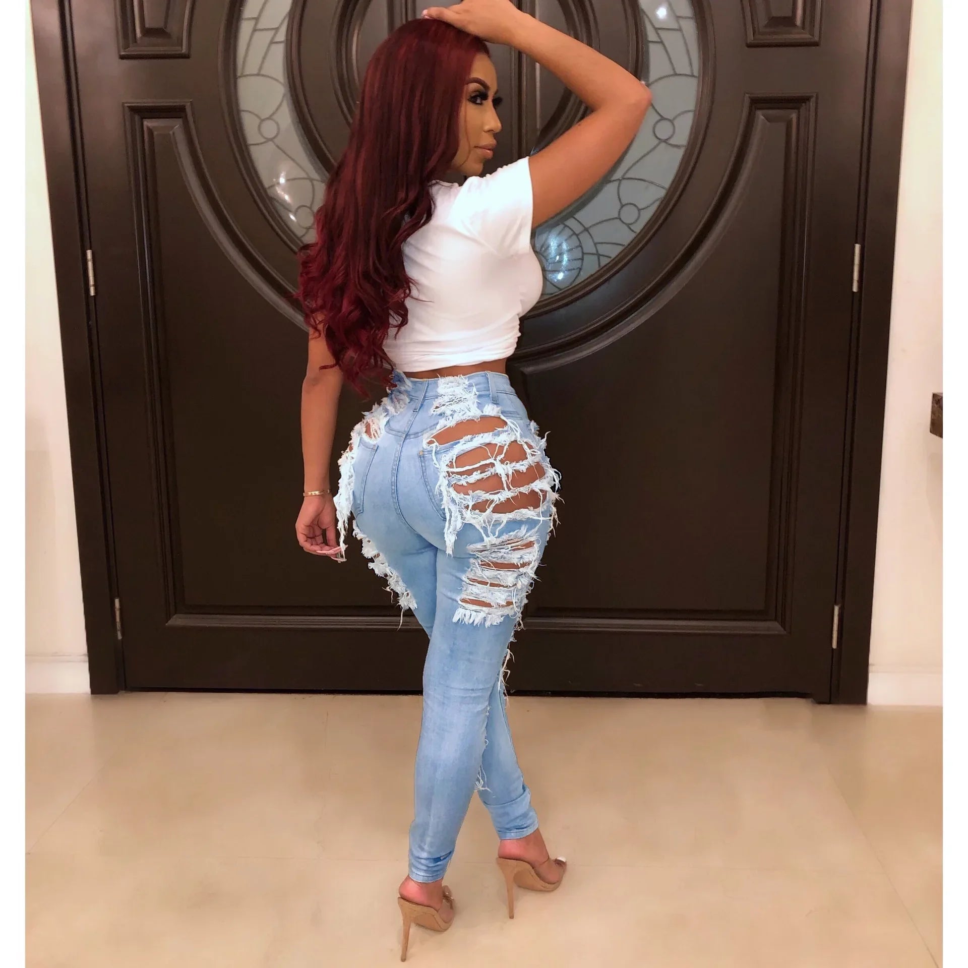 CM.YAYA Denim Pants Women Retro Solid Sexy Hole Hollow Out Jeans Ripped Flare Trousers Street Skinny High Waist Lady Pant