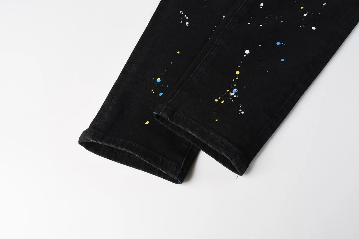 New Fashion Jeans Men High Street Black Splashing ink graffiti Distressed Hole Stretch Skinny Button Fly Ripped Jeans Brand