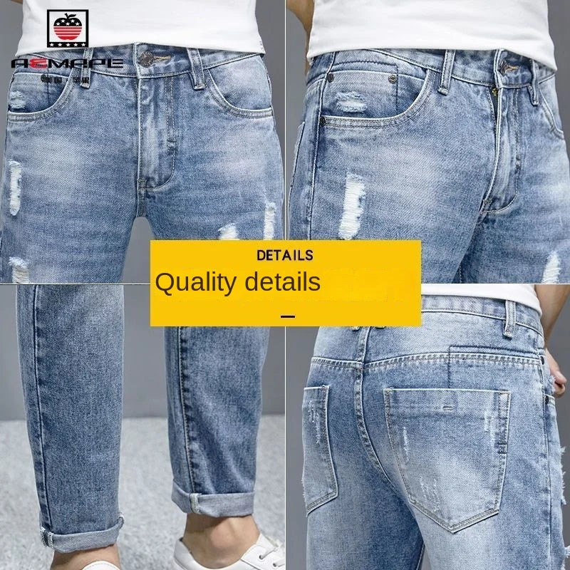 New Fashion Stylish Cowboy Men's Slim Casual Jeans with Ripped Distressed Holes Summer Streetwear Denim Broken Hole Pants Male
