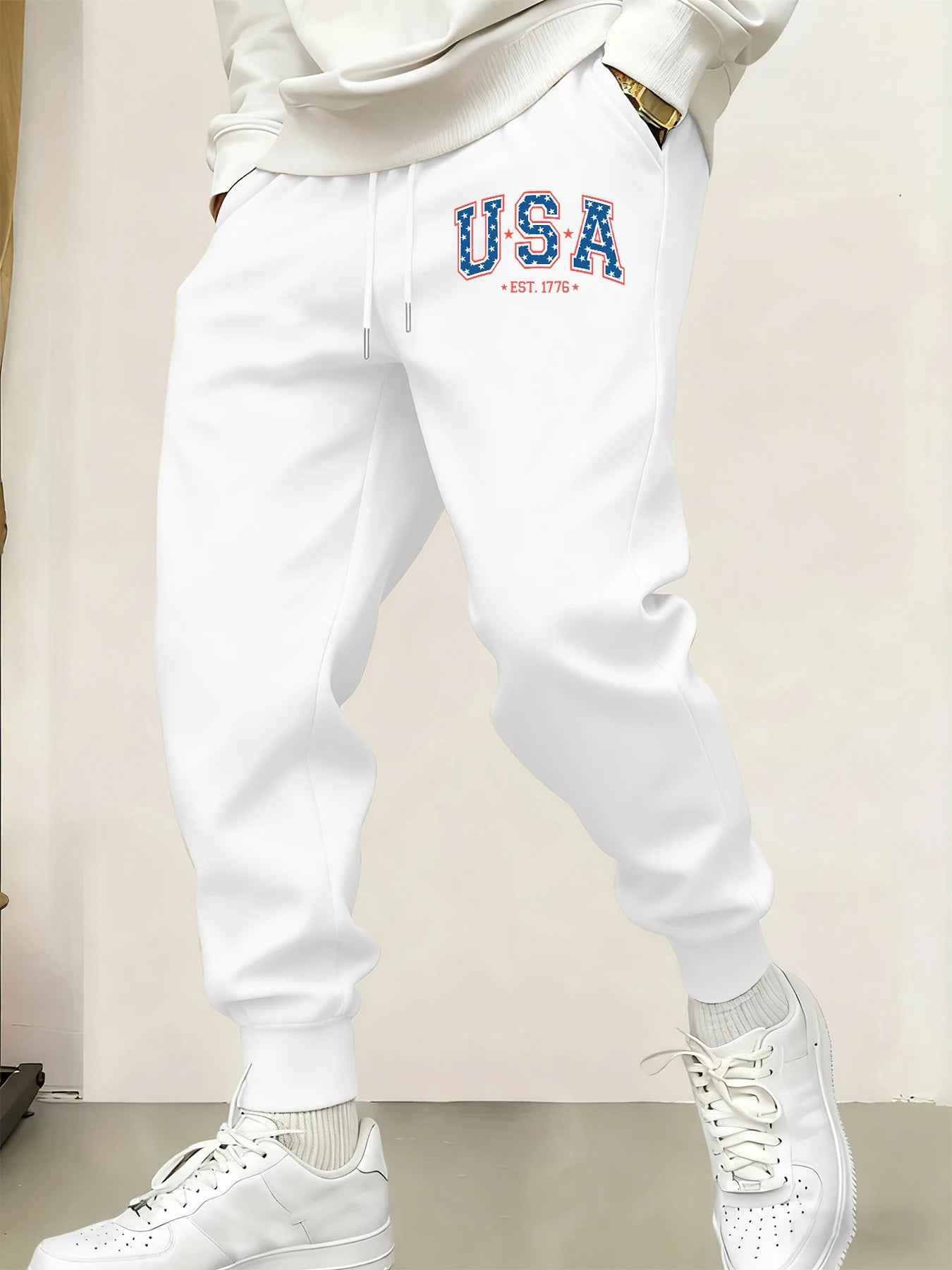 Creative Usa Est 1776 Letter Print Pocket Sweatpants Men Casual Autumn Sportpants Trendy Fleece Long Pants Comfy Warm Trousers