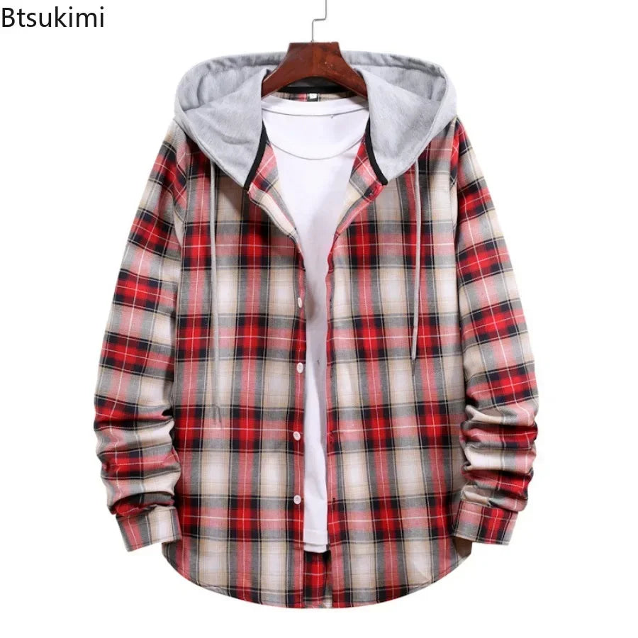 New 2026 Men's Plaid Hooded Shirts Loose Casual Men Jacket Shirt Comfortable Long Sleeve Sport Hooded Coats Men's Daily Clothing