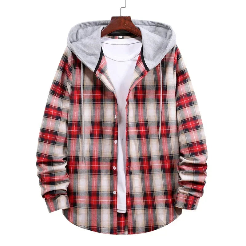 New 2026 Men's Plaid Hooded Shirts Loose Casual Men Jacket Shirt Comfortable Long Sleeve Sport Hooded Coats Men's Daily Clothing
