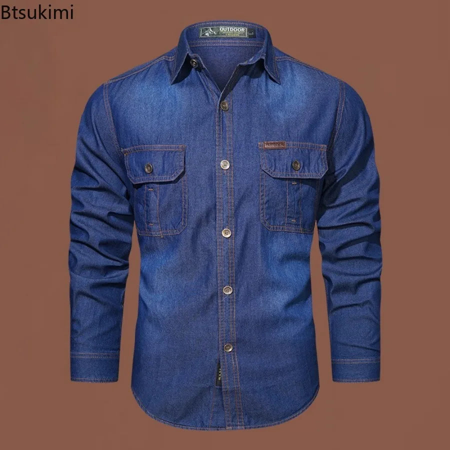 New Men's Outdoor Tooling Shirts Multi-pocket Design Men Long Sleeve Denim Shirt High Quality 100%Cotton Casual Shirt Coats Male