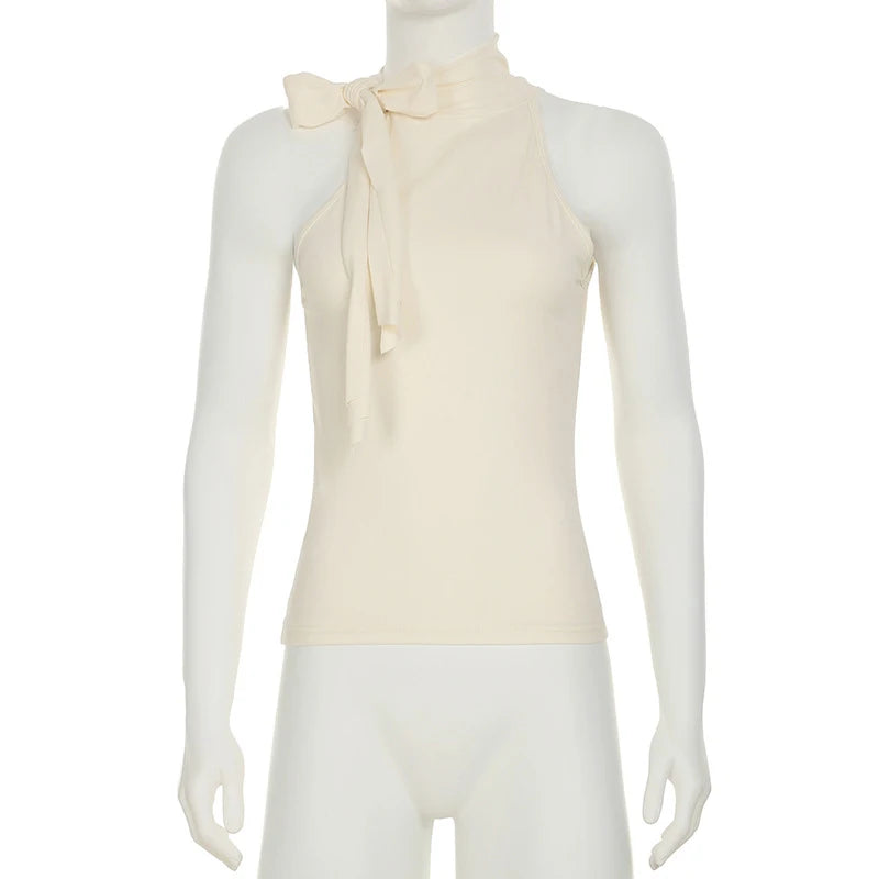 Solid Bow Knot Halter Women Sleeveless Skinny Tank High Street Style Fashion Simple Design