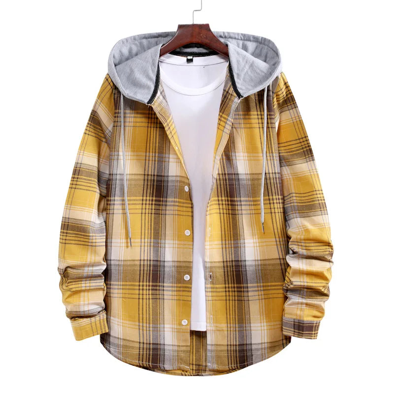New 2026 Men's Plaid Hooded Shirts Loose Casual Men Jacket Shirt Comfortable Long Sleeve Sport Hooded Coats Men's Daily Clothing