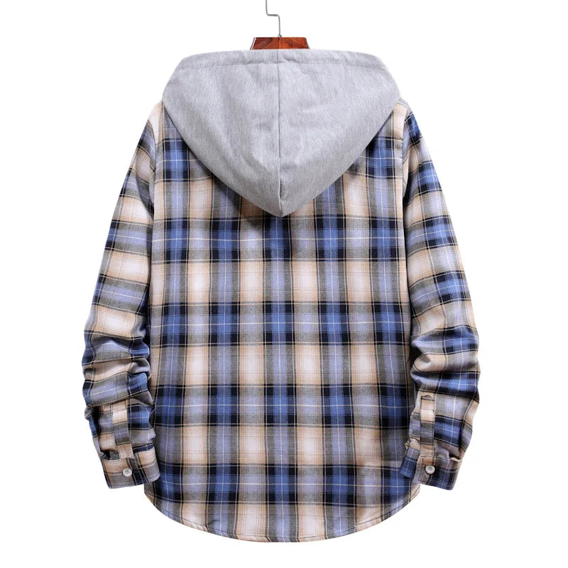 New 2026 Men's Plaid Hooded Shirts Loose Casual Men Jacket Shirt Comfortable Long Sleeve Sport Hooded Coats Men's Daily Clothing