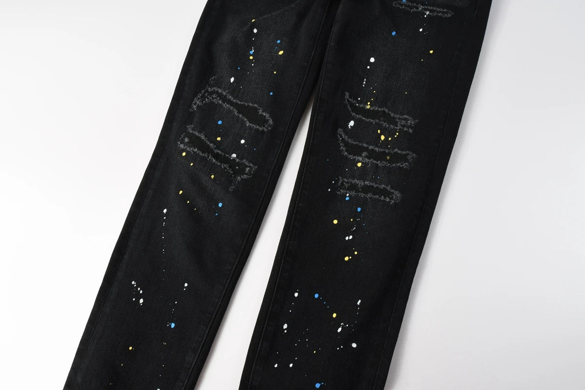 New Fashion Jeans Men High Street Black Splashing ink graffiti Distressed Hole Stretch Skinny Button Fly Ripped Jeans Brand