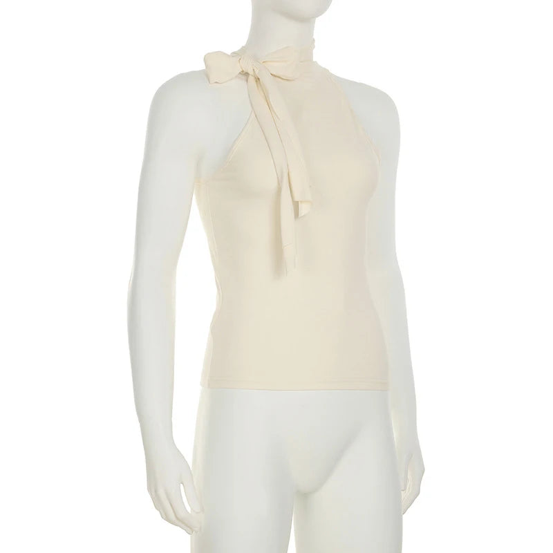 Solid Bow Knot Halter Women Sleeveless Skinny Tank High Street Style Fashion Simple Design